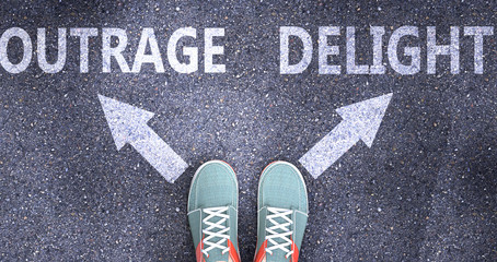 Outrage and delight as different choices in life - pictured as words Outrage, delight on a road to symbolize making decision and picking either Outrage or delight as an option, 3d illustration