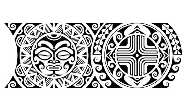 Maori polynesian tattoo border tribal sleeve seamless pattern vector with sun face. Samoan bracelet tattoo design fore arm or foot. Armband tattoo tribal.