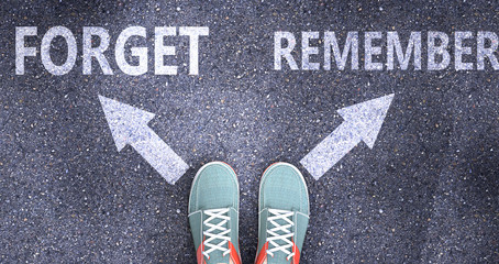 Forget and remember as different choices in life - pictured as words Forget, remember on a road to symbolize making decision and picking either Forget or remember as an option, 3d illustration
