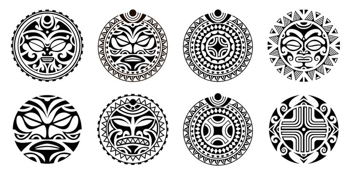 Set of round Maori tattoo ornament with sun symbols face and swastika. African, maya, aztec, ethnic, tribal style.	
