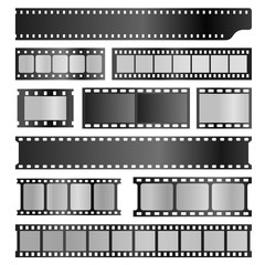 Filmstrips realistic set. Film or photograph frames, stripes, photo negative, projector, movie.