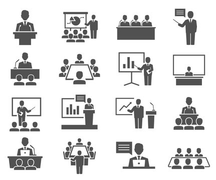 Conference, meeting icons set isolated on white. Business training, seminar.