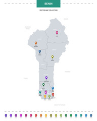 Benin map with location pointer marks. Infographic vector template, isolated on white background.