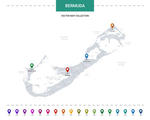 Naklejka premium Bermuda map with location pointer marks. Infographic vector template, isolated on white background.
