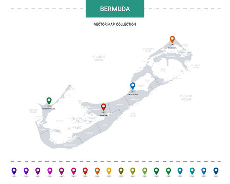 Bermuda map with location pointer marks. Infographic vector template, isolated on white background.
