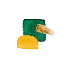 Abstract modern watercolor brush. Purple, orange, red, gold, yellow watercolor Illustration isolated on white background. Wedding card. Minimal business card, poster, logo.