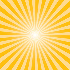 Sunburst background. Orange yellow radiate sun beam burst effect. Sunbeam light flash boom. Sunrise glow burst. Solar radiance glare, retro design illustration
