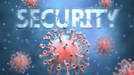 Fototapeta na wymiar Covid and security, pictured as red viruses attacking word security to symbolize turmoil, global world problems and the relation between corona virus and security, 3d illustration