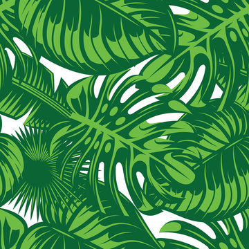 Seamless pattern with colored tropical leaves. Vector illustration