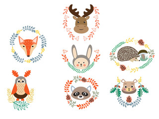 set of cute forest elements animals and plants