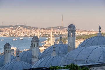 Panoramic cityscape of Istanbul from Suleymaniye Mosque overlooking the Golden Horn or Halic
