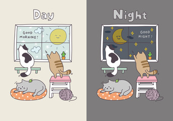 Cute Day and Night, Sun and Moon, with 3 Cats Vector Illustration - 371789643