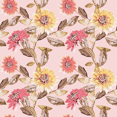 Dahlia flowers seamless pattern, watercolor illustration.