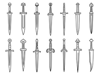 Set of simple vector images of medieval daggers and dirks drawn in art line style.