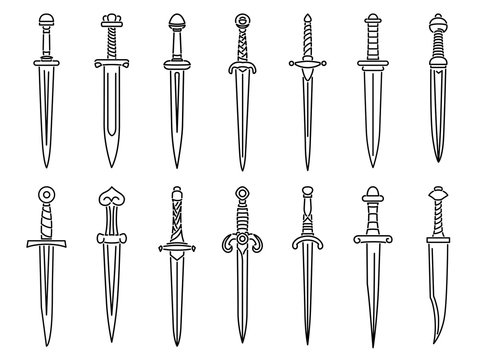 Set of simple vector images of medieval daggers and dirks drawn in art line style.