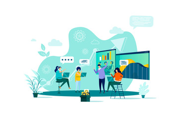 Business meeting concept in flat style. Business team discussing project with charts scene. Partnership and teamwork collaboration banner. Vector illustration with people characters in work situation.