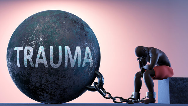 Trauma as a heavy weight in life - symbolized by a person in chains attached to a prisoner ball to show that Trauma can be a sorrow, brings suffering and it is a psychological burden, 3d illustration