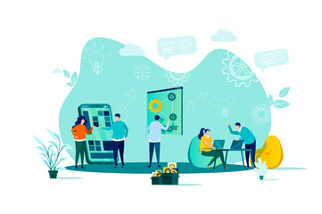 Coworking concept in flat style. Team members together work in coworking space scene. Workspace for teamwork and communication web banner. Vector illustration with people characters in work situation.