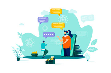 Customer support concept in flat style. Client talking with support operator scene. Call center service, hotline consultation web banner. Vector illustration with people characters in work situation.