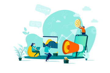 Digital marketing concept in flat style. Marketers team doing market research scene. Business analytics and customer targeting web banner. Vector illustration with people characters in work situation.