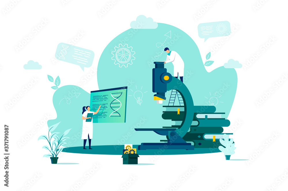 Poster medical laboratory concept in flat style. scientist doing research with microscope scene. biotechnol