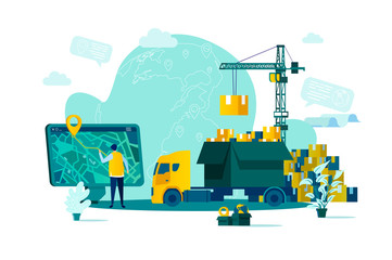 Naklejka premium Logistics concept in flat style. Warehouse worker planning route on computer scene. Express delivery service, warehousing and distribution. Vector illustration with people characters in work situation