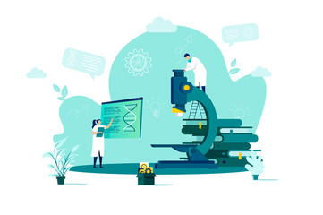 Medical laboratory concept in flat style. Scientist doing research with microscope scene. Biotechnology industry, patient diagnosis web banner. Vector illustration with people characters in situation.