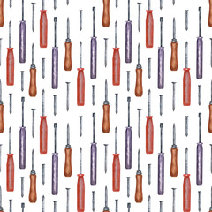Watercolor seamless pattern with a variety of tools for repair. Pliers, hammer, saw, screwdrivers, protective gloves, nails, screws, springs