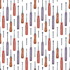 Watercolor seamless pattern with a variety of tools for repair. Pliers, hammer, saw, screwdrivers, protective gloves, nails, screws, springs