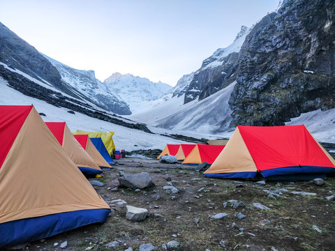 Morning view from a beautiful campsite in Indian Himalayan Mountain.