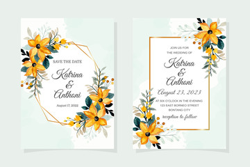 Wedding invitation card with watercolor yellow flower