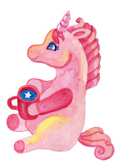 Cute cartoon pink unicorns celebrate Christmas in the winter season