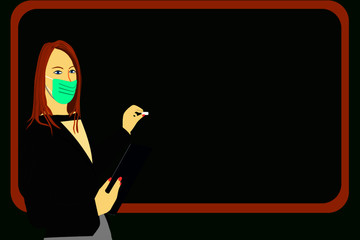 illustration of a young female teacher explaining the lesson on the blackboard, wearing an anti covid 19 mask