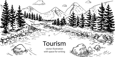 Vector illustration of a mountain river, forest, and mountains. Tourist fishing in the mountains. hand-drawn sketch, fishing rods on the river Bank.. hand drawn illustration