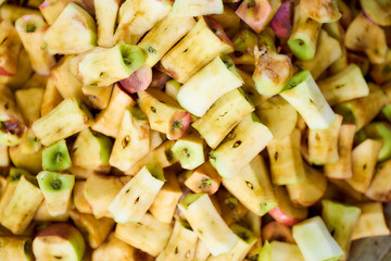 Apple stubs lie on a flat surface. Top view.