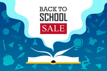 Back to school sale banner. Background with text. Open book.  Vector illustration back to school.