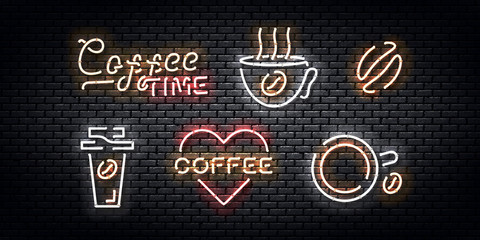 Fototapeta na wymiar Vector set of realistic isolated neon sign of Coffee logo for template decoration and covering on the wall background. Concept of cafe and coffee shop.