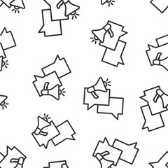 Speech bubble with megaphone icon in flat style. Dialogue box vector illustration on white isolated background. Bullhorn speaker seamless pattern business concept.