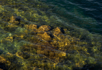 stones are visible through clear water