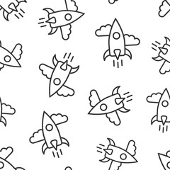 Obraz premium Rocket icon in flat style. Spaceship launch vector illustration on white isolated background. Sputnik seamless pattern business concept.