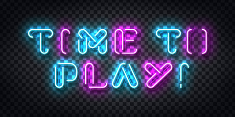 Vector realistic isolated neon sign of Time to Play typography logo for template decoration and covering on the transparent background. Concept of gaming.