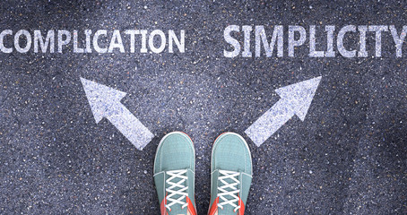 Complication and simplicity as different choices in life - pictured as words Complication, simplicity on a road to symbolize making decision and picking either one as an option, 3d illustration