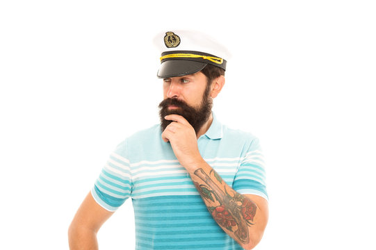 Man bearded captain sailor uniform marine cruise, tourism concept