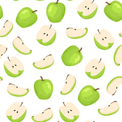 Seamless pattern of green apples on a white background. Whole apple, half apple and apple slice. Fruit in the cartoon style. Wallpaper of design for the menu of a cafe, restaurant, for advertising.