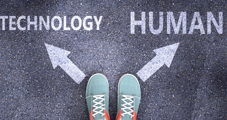 Technology and human as different choices in life - pictured as words Technology, human on a road to symbolize making decision and picking either Technology or human as an option, 3d illustration