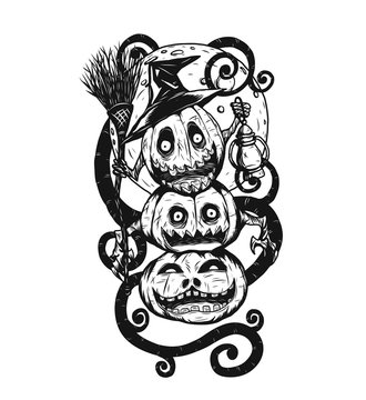 recommend clip art: halloween pumpkin with ghost vector tattoo by hand drawing.Beautiful line art on white background.Black and white graphics design art highly detailed in line art style.
