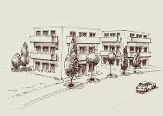 Blocks of flats city sketch. Urban landscape hand drawing