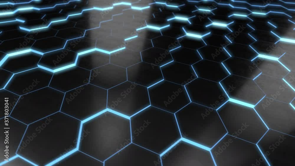 Poster seamless looping 3d animated abstract background with blue and black hexagons