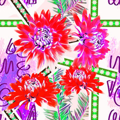 Dahlia on an abstract background, seamless pattern.