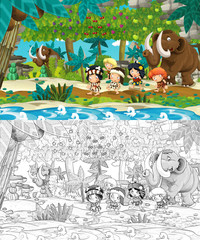 cartoon sketch scene with prehistoric people traveling near the river